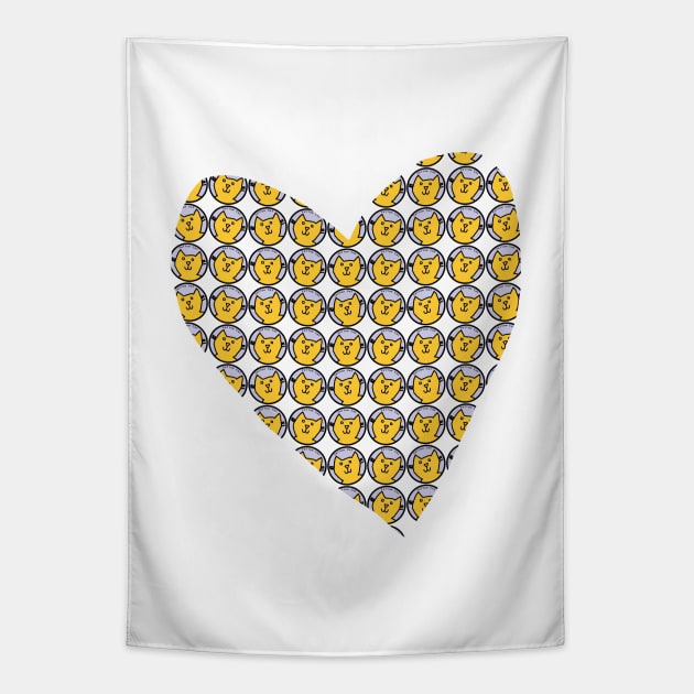 Yellow Cat Pattern Heart on White for Valentines Day Tapestry by ellenhenryart