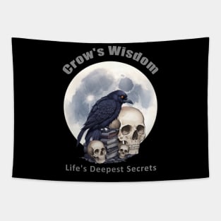 Raven reading books, full moon, witch, Halloween, crow, raven, corvid, books, magic, witchcraft, Wicca, Delving into the Mysteries of Existence Amidst the Wisdom of Ancient Pages Tapestry