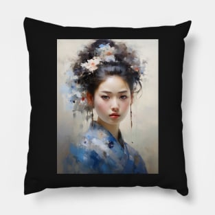 Japanese Girl in Blue With Flowers in Her Hair Pillow