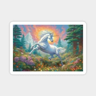 Majestic Unicorn Amidst Flowers Magnet