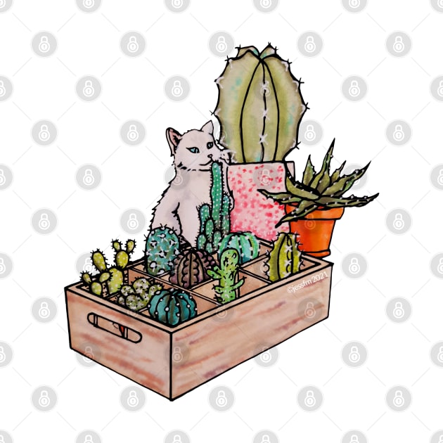 Watercolor Cat with a box of cacti by Jessfm