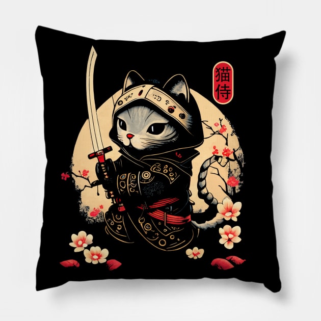 Samurai Cat Tattoo, Kawaii Ninja Cat Pillow by Apocatnipse Meow