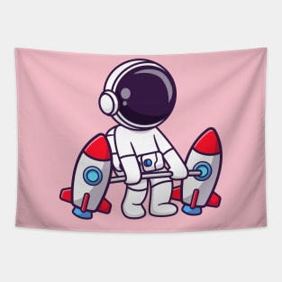 Cute Astronaut Lifting Rocket Barbell Cartoon Tapestry