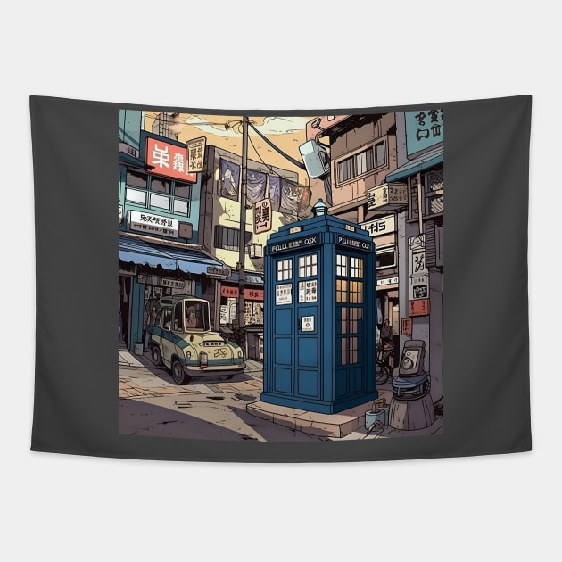 Illustration of tardis in Japan in city Tapestry by KOTYA