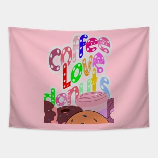 Coffee love donuts, colorful letters with white dots on a transparent background for coffee and sweets lovers Tapestry