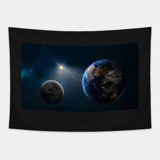 Planet earth and the moon in space, stars fill the sky, with sunlight, 3D illustration Tapestry