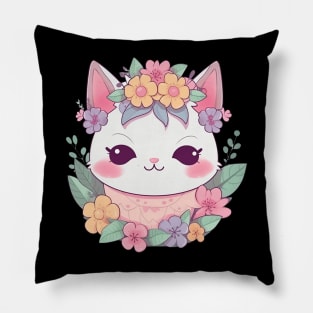 Cat cute kawaii with a flower crown Pillow