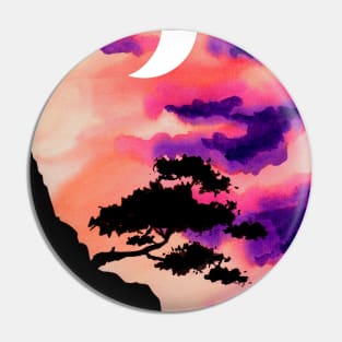 Mountain Tree Sunset and Moon Pin