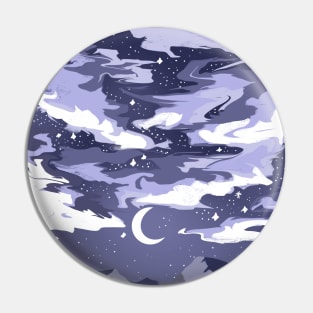 Purple cloudy sky above mountains with a crescent moon Pin