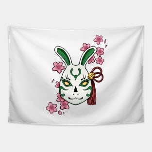 Blossoming Habits: A Cherry Blossom Japanese Mask Green Tapestry