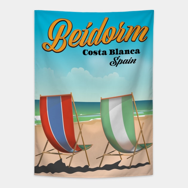 Benidorm Beach poster Tapestry by nickemporium1