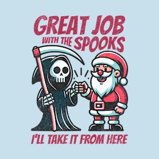 Grim Reaper Fist Bump with Santa Claus. From Halloween to Christmas Tis The Season Holiday T-Shirt