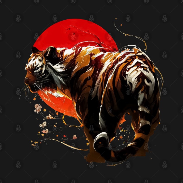 Abstract Tiger portrait on Red Sun by TomFrontierArt