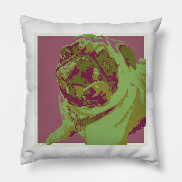 Pink and Green Pop Art Smiling Pug Pillow by gloobella