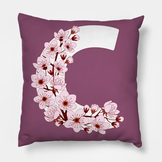 Colorful capital letter C patterned with sakura twig Pillow by Alina