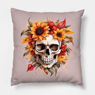 Skull & Sunflower Fusion in Red and Yellow Pillow