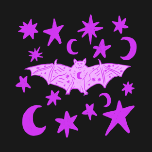 Creepy Cute Vampire Bat with Stars and Moons, Magenta T-Shirt