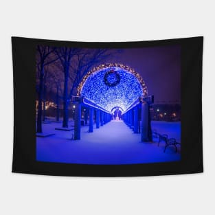 Christopher Columbus Park Trellis lit up for Christmas Snowstorm Boston MA Bench Tapestry