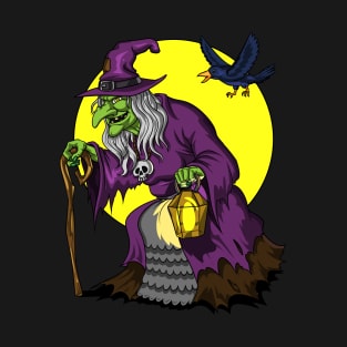 Scary Witch And Raven Halloween T-Shirt