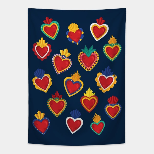 Mexican Sacred Hearts Pattern / Blue Background by Akbaly Tapestry by Akbaly