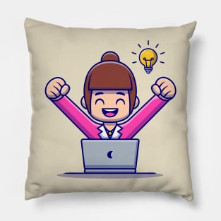 Happy Woman Employee With Laptop Pillow