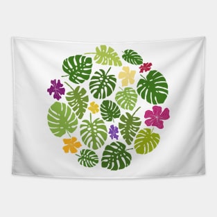 Monstera leaves and tropical flowers in green, yellow, purple, and pink Tapestry