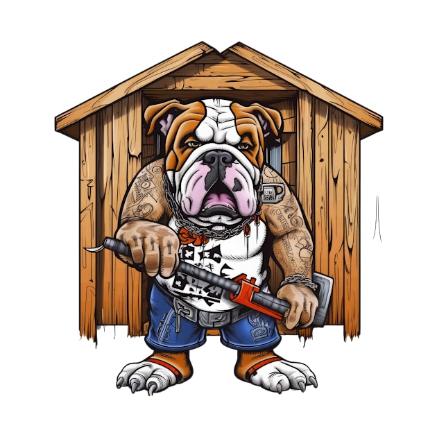 A Carpenter English Bulldog wearing a tool belt and holding a hammer and nails by teestore_24