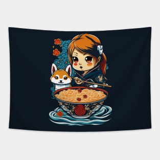 Cute kawaii girl with Shiba Inu dog loves ramen Tapestry