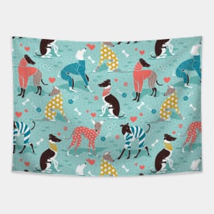 Greyhounds dogwalk // pattern // aqua background Tapestry