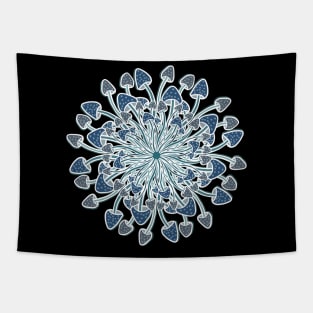 Mushroom mandala in blues and greys with a white glow Tapestry