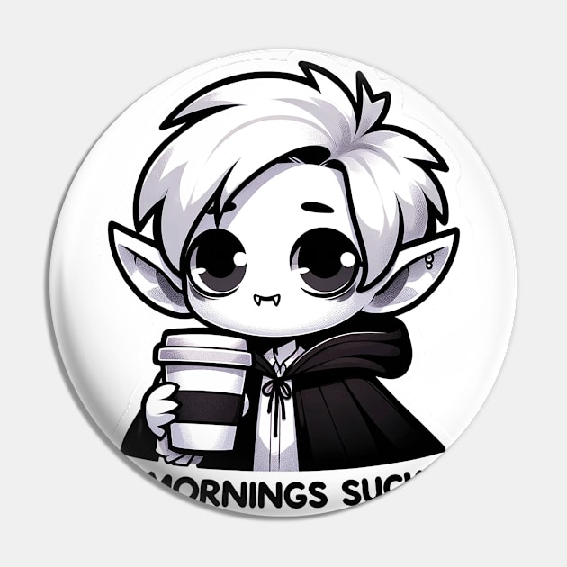 Mornings Suck Vampire Pun With Coffee Gothic Black and White Pin by Dad and Co
