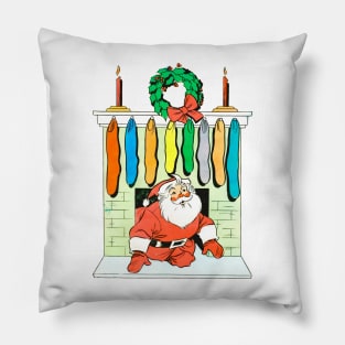 Santa Claus enters through the chimney and finds many socks. Retro Vintage Comic Cartoons Pillow