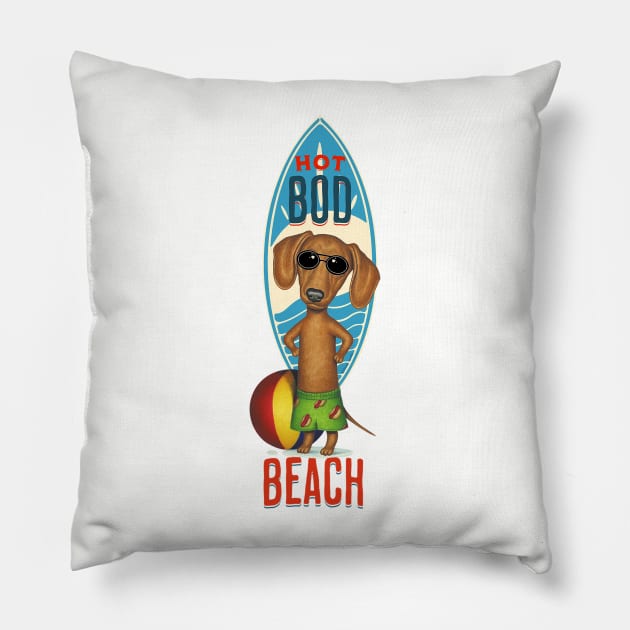 funny cute swimming doxie dog with  Hot Bod on beach dachshund dog Pillow by Danny Gordon Art