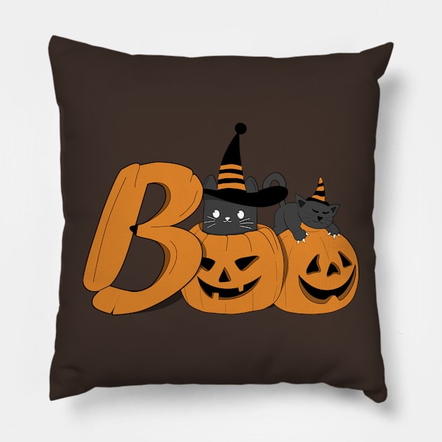 Halloween Cats And Pumpkins Boo Pillow by Rishirt