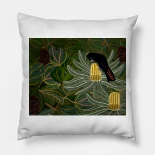 Red Tailed Black Cockatoo and Banksia Seed Pods Pillow