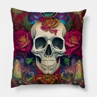Trippy psychedelic art skull and roses Pillow