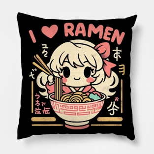 I Love Ramen - Cute Kawaii Girl Princess - Retro Graphic Pillow