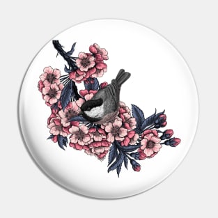 Chickadee on a blooming cherry branch Pin