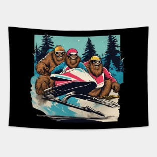 Funny Bigfoot Team Bobsleigh in Winter Time Vintage Bigfoot Dad Tapestry