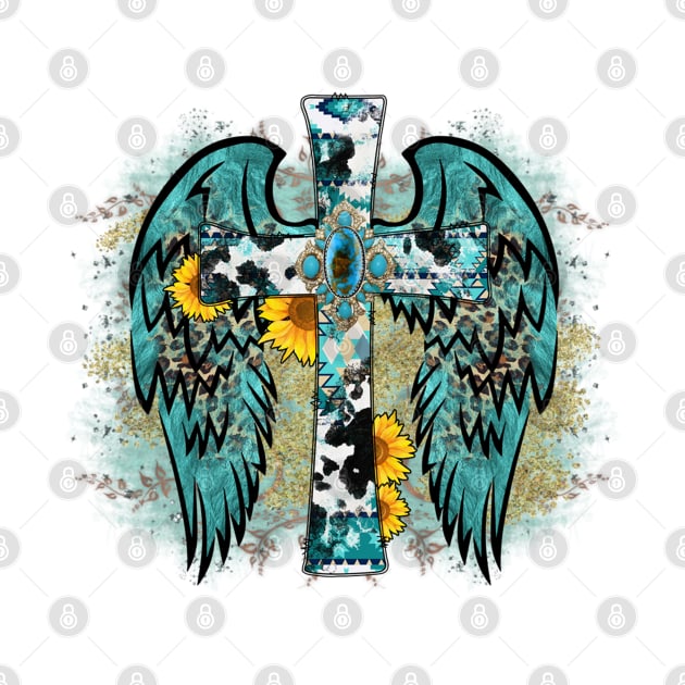 Turquoise Cross With Wings and Blue and Gold Background by ERArts