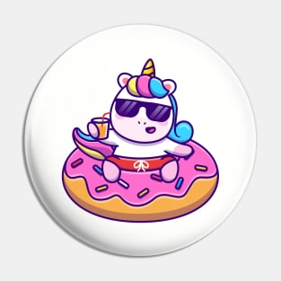 Cute Unicorn Swimming With Donut Balloon And Holding Juice Pin