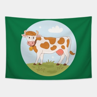 Cow Cartoon Hand Drawn Illustration Tapestry