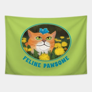 Feline Pawsome – adorable illustration of a tabby cat with a butterfly on his head Tapestry