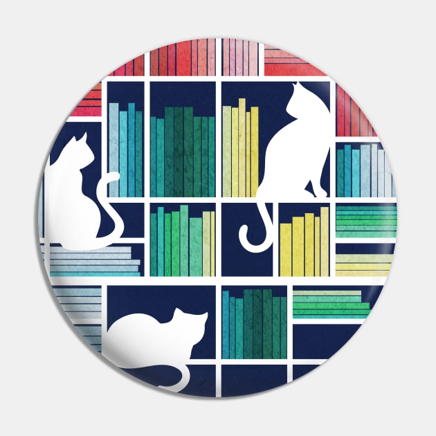 Rainbow bookshelf // navy blue background white shelf and library cats Pin by SelmaCardoso