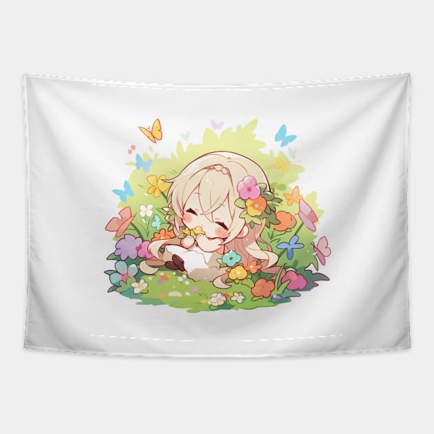 chibi flower girl Tapestry by WabiSabi Wonders