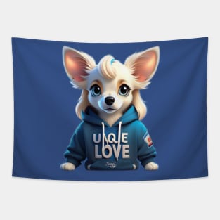 Lovebug in Blue: Adorable White Long-Haired Chihuahua Rocking a Cozy Hoodie Tapestry