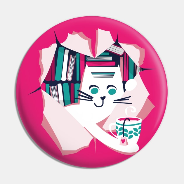 Bookish cat // white cat with tea mug teal white fuchsia and pastel pink books Pin by SelmaCardoso