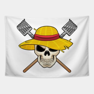 Skull with Hat as Farmer with Rake Tapestry