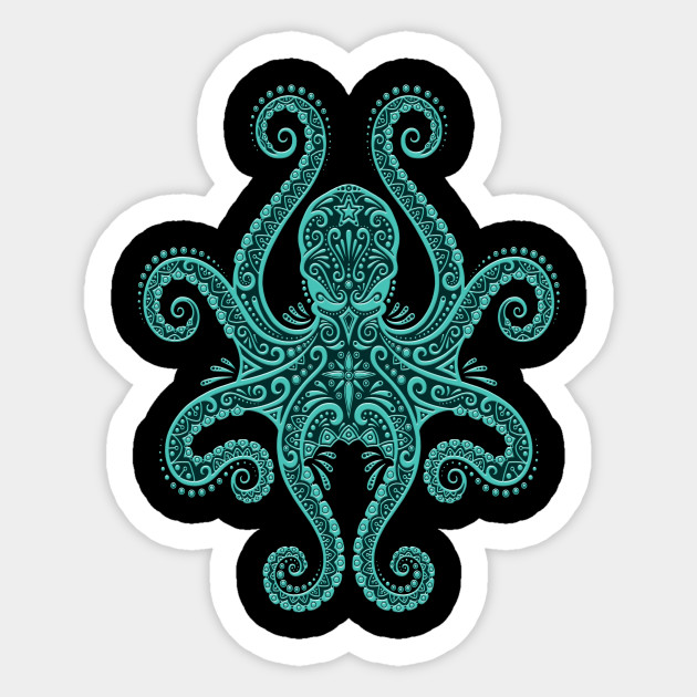 Intricate Teal Blue Octopus - Octopus - Sticker