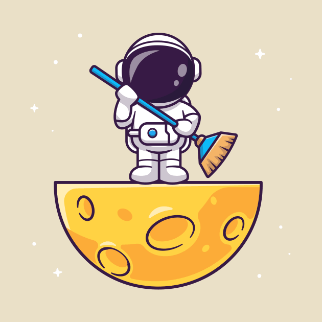 Cute Asronaut Holding Broom On Moon Cartoon by Catalyst Labs